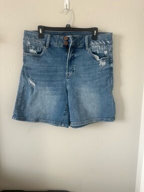 High-Rise Distressed Denim Shorts in Blue